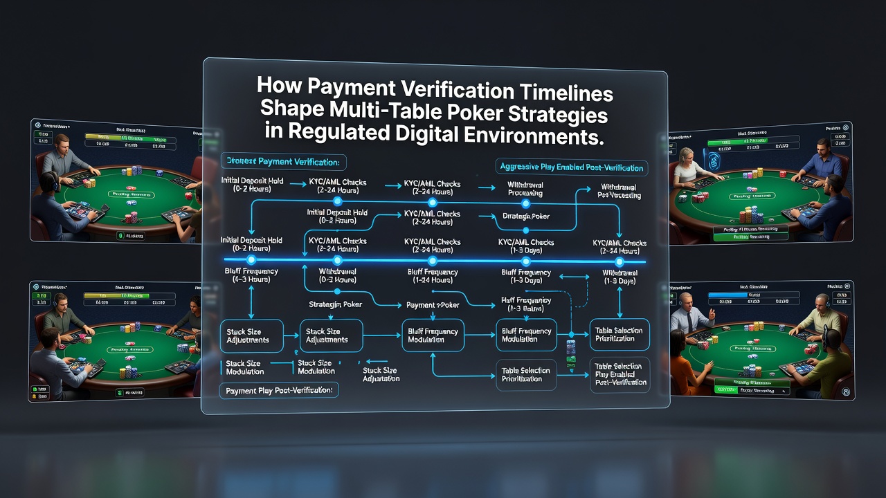 Poker player reviewing multiple tables with transaction logs and verification status overlays