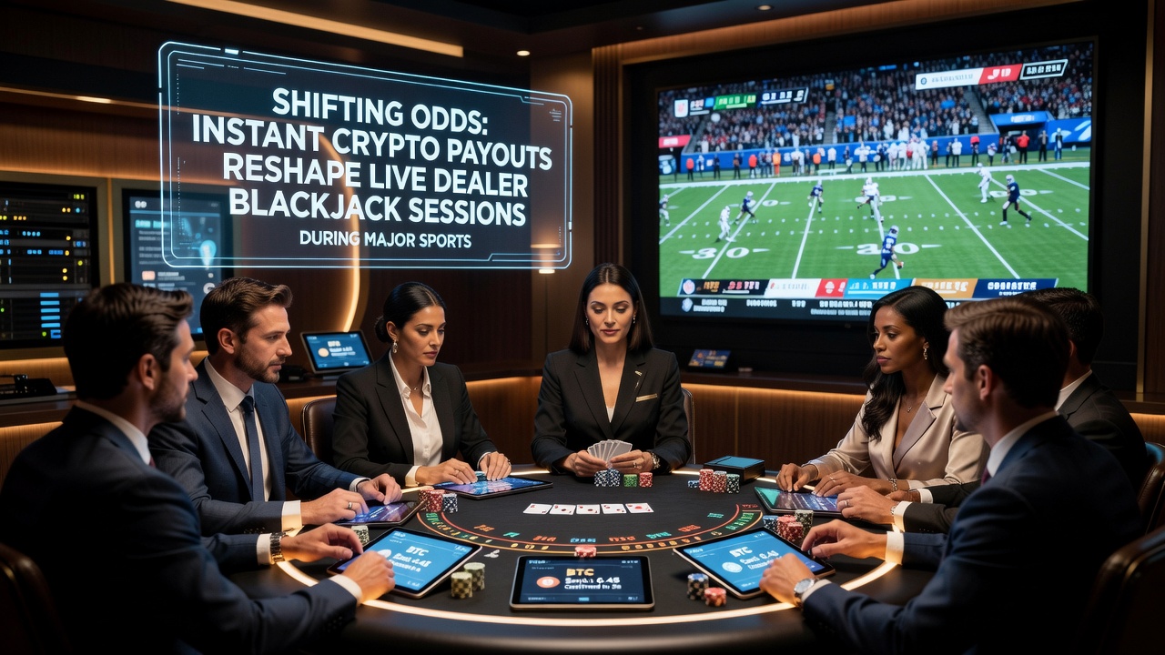 Split-screen view of live blackjack dealer and sports odds ticker with crypto transaction confirmation pop-up
